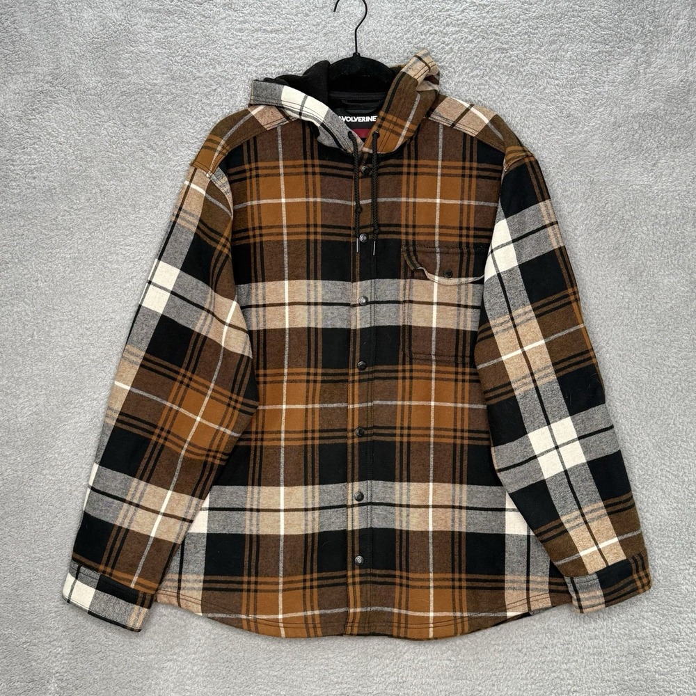 Wolverine‎ Fleece Lined Plaid Flannel Snap Jacket Hooded Work Shirt Men's XL